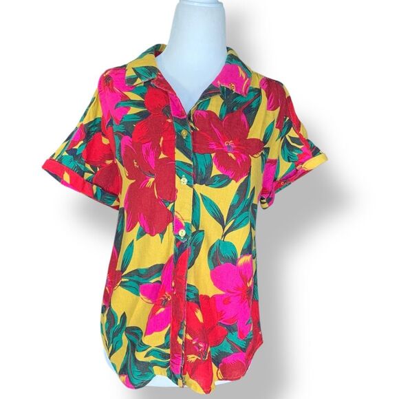 For Cynthia Tops - For Cynthia Button Up Shirt Linen Blend Hawaiian  Floral Print Yellow Red Petite
